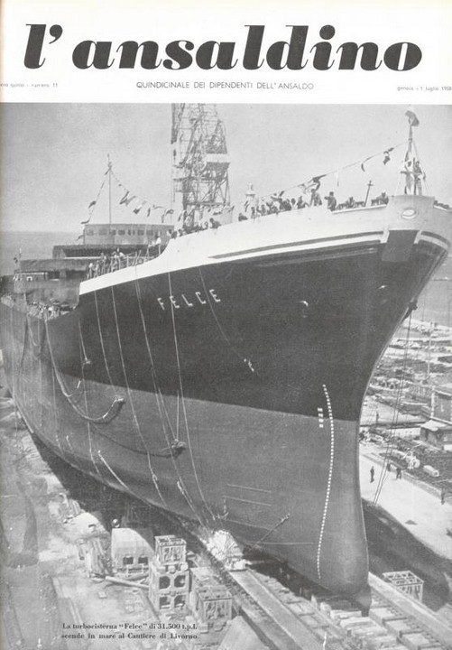 p. 1 (copertina), la turbocisterna "Felce" scende in mare al Cantiere di Livorno, 1958